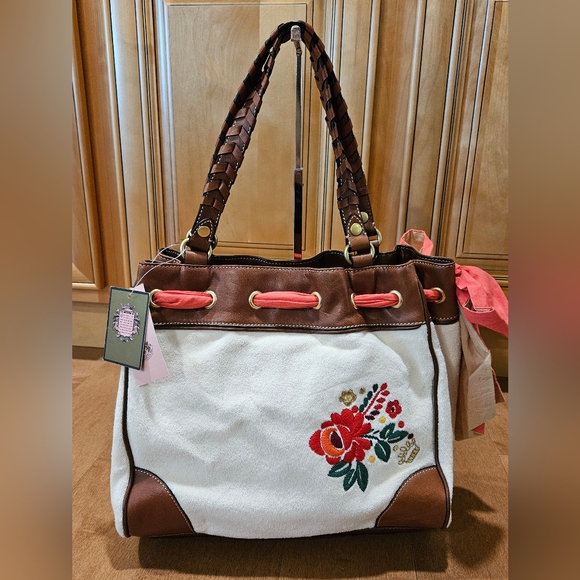 NWT Juicy Couture ANGEL Y2K Floral Embroidered Terry Shopper Bag Purse Tote - Picture 5 of 13